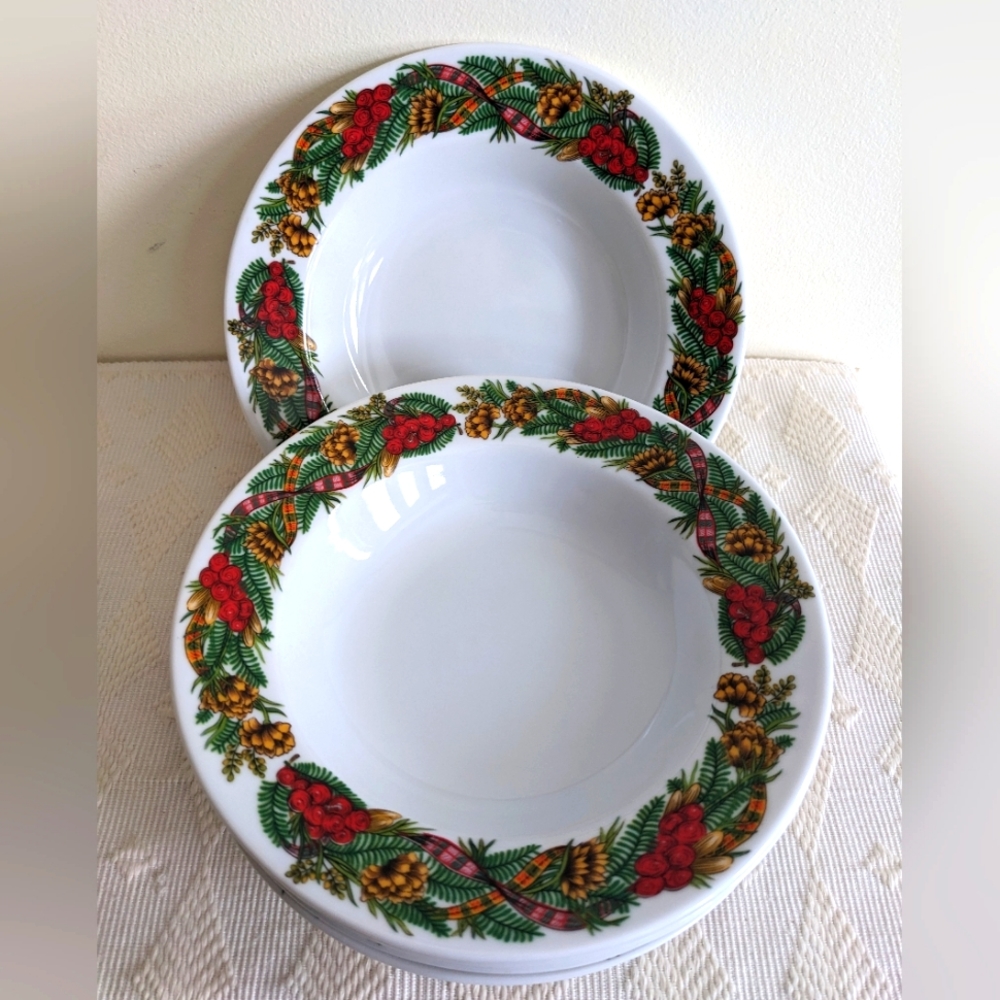 (6) KOPIN Christmas Heritage Soup Salad bowls 80s vintage holiday dinnerware